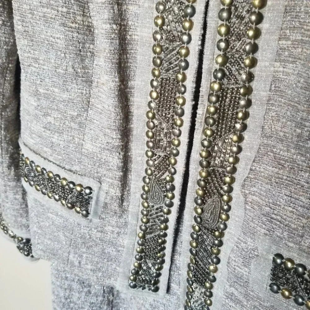 St. John Couture 8 Blazer Dress Set Embellished Metallic Grey Silver - Picture 10 of 15